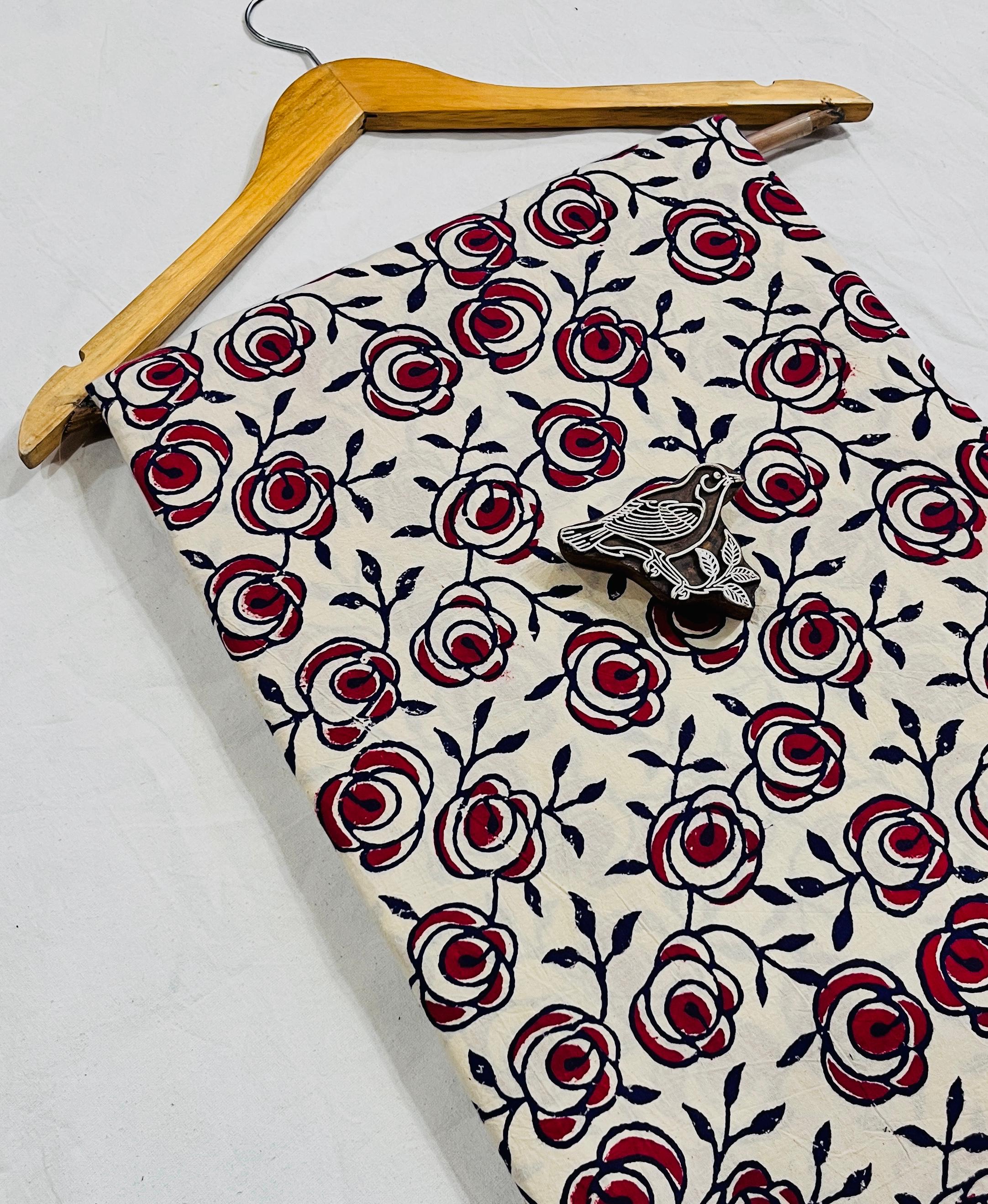 Cream floral rose jaal Dabu handblock cotton fabric, soft pure cotton mud resist wholesale textile